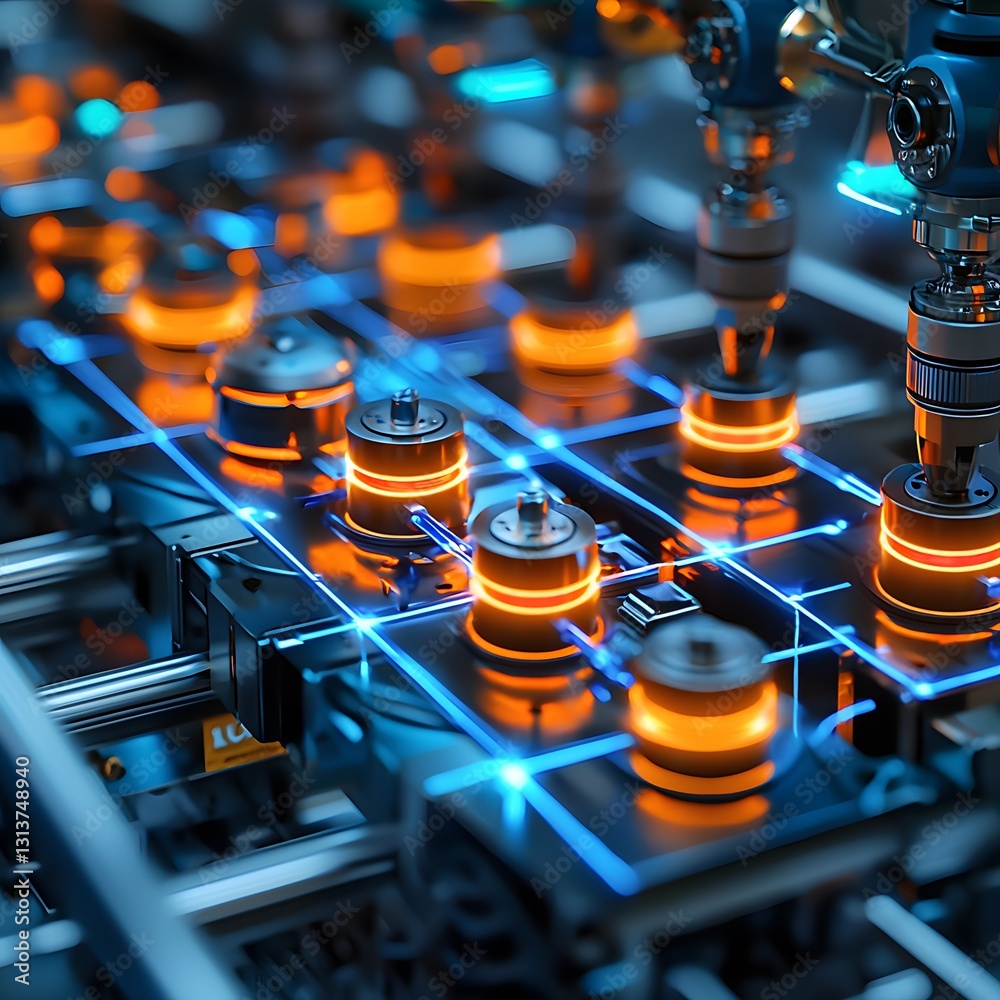 Poster advanced machine with multiple orange lights indicating operation in a smart manufacturing environme