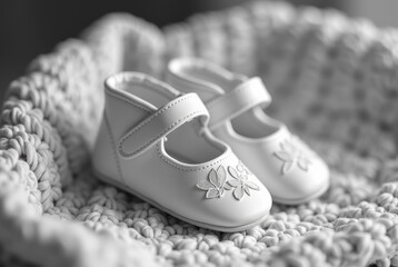 A black and white photograph of a pair of baby shoes on a knitted blanket