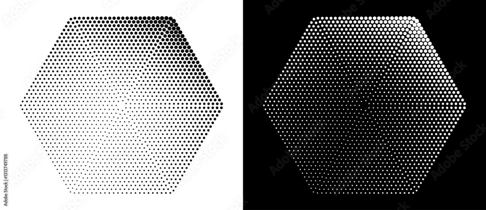 Poster Halftone dots in hexagone form. Logo or icon label. Vector dotted design element. Vector dotted frame. A black figure on a white background and an equally white figure on the black side.