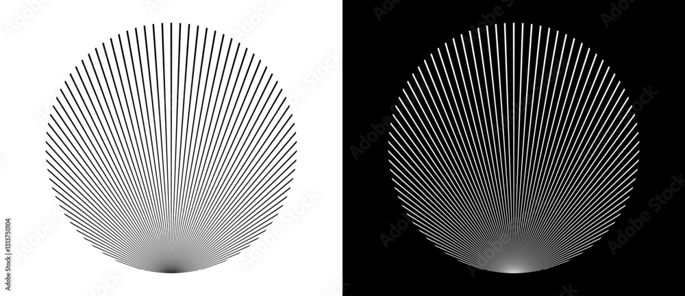Aufkleber Art sun background. Design element or icon, logo with lines. Black shape on a white background and the same white shape on the black side.