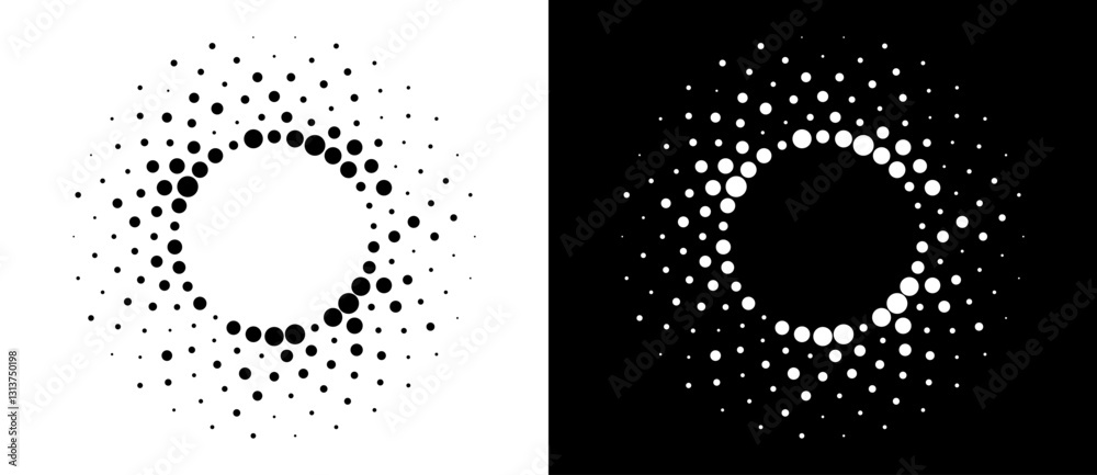Poster Modern abstract background. Halftone dots in circle form. Round logo, design element or icon. Vector dotted frame. A black figure on a white background and an equally white figure on the black side.