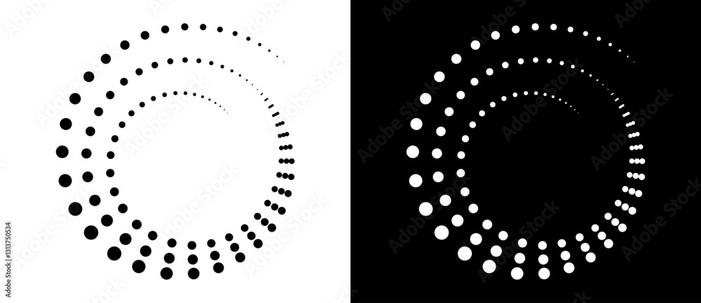Aufkleber Modern abstract background. Halftone dots in circle form. Spiral logo, icon or design element. Black dots on a white background and white dots on the black side.