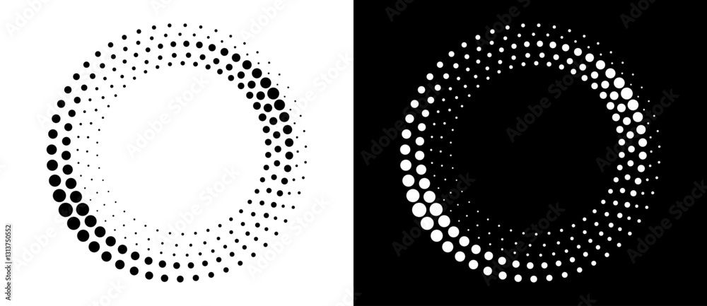 Aufkleber Modern abstract background. Halftone dots in circle form. Spiral logo, icon or design element. Black dots on a white background and white dots on the black side.
