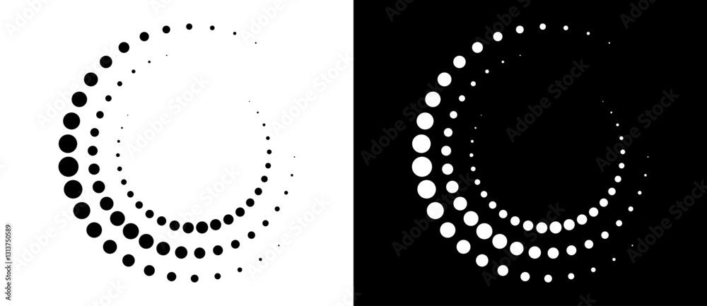 Poster Modern abstract background. Halftone dots in circle form. Spiral logo, icon or design element. Black dots on a white background and white dots on the black side.