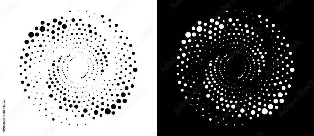 Leinwandbilder Modern abstract background. Halftone dots in circle form. Spiral logo, icon or design element. Black dots on a white background and white dots on the black side.