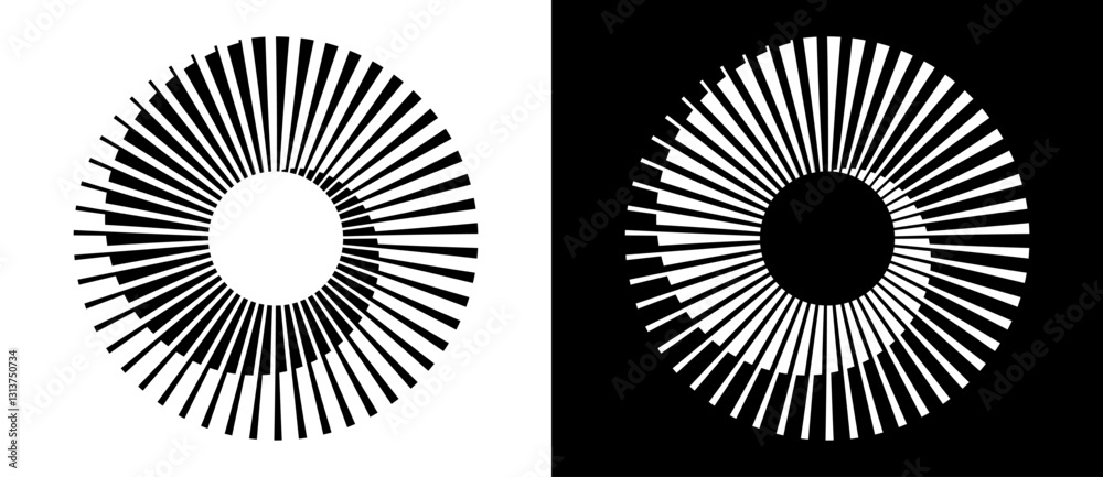 Poster Set of circles with lines. Lines in one color with different thickness. Black spiral on white background and white spiral on black background. Dynamic design element, logo or icon.