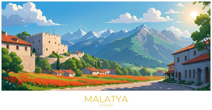 Malatya Turkey Travel Poster Flat Illustration Print Decor Gift Canvas Wall Art