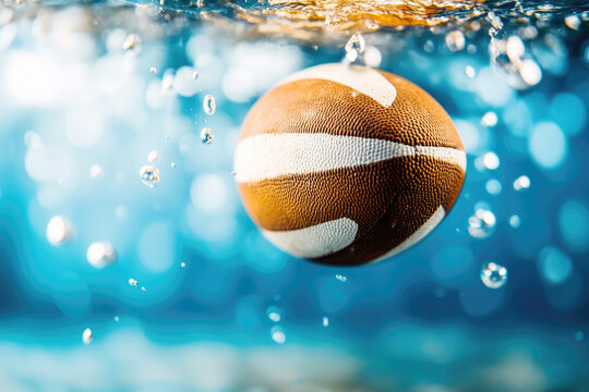 Dynamic close up of classic rugby ball spinning in water with splashing droplets capturing motion and energy