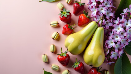 Fototapeta premium Fresh pears, strawberries, and lilac flowers arranged on pastel pink background with copy space 