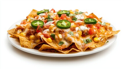 Delicious and colorful nachos on a white plate with various fresh toppings viewed at close range