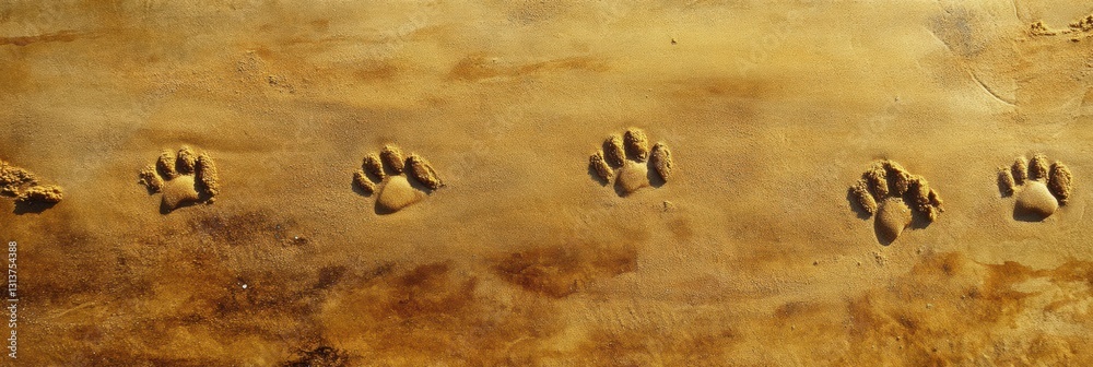 Fototapete Paw prints in golden sand lead the way across the beach with gentle waves and sunlight in the background Generative AI