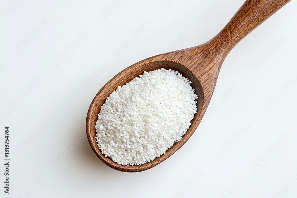 Poster tapioca pearls displayed in wooden spoon on plain white surface with high angle soft lighting