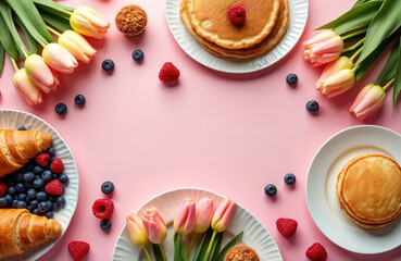 Top view of Mother Day brunch with tulips, pancakes, croissants, berries on pink background. Festive family breakfast, meal with flowers for catering. Sweet dessert with gift, celebrate woman holiday.