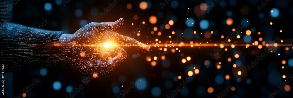 Poster a grid hand with glowing tips in a dark particle background representing technological innovation.