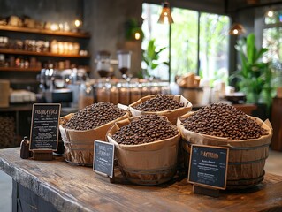 Fresh coffee beans in rustic baskets display.