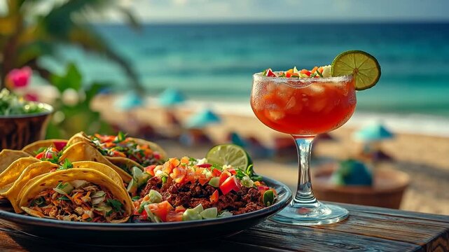 Plate of food and a glass of red drink with a lime on top. The food is Mexican and includes tacos and a salad. The drink is a margarita. The scene is set on a beach, with a view of the ocean