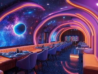 Futuristic restaurant interior with neon lights