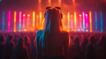 Silhouettes of people enjoying a music festival with a stage illuminated in vivid hues