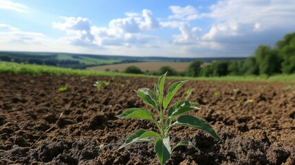 Young plant growing in fertile field under a blue cloudy sky