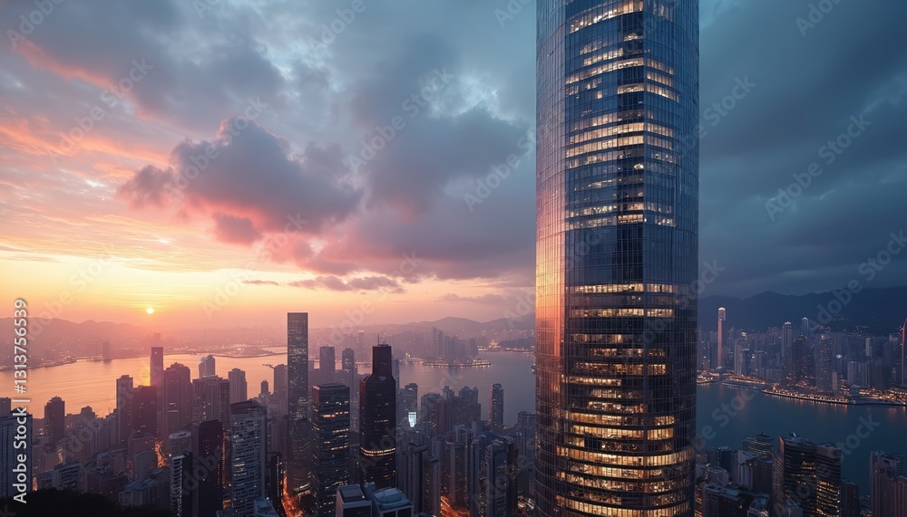 Aufkleber modern skyscraper in hong kong at sunset. urban architecture, cityscape with dynamic viewpoint. cont