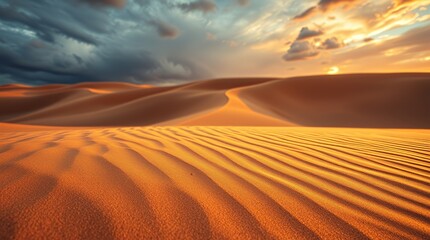 Naklejka premium Golden sand dunes with rippled textures under a dramatic sky with storm clouds and a vibrant sunset, showcasing a vast desert landscape