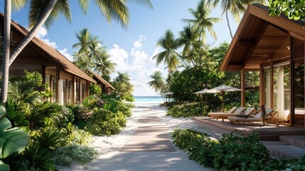 Fototapeta premium Tropical Beach Pathway Surrounded by Palm Trees and Resort Cottages