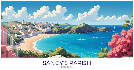 Sandy's parish Bermuda Travel Poster Flat Illustration Print Decor Gift Canvas Wall Art
