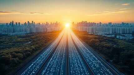 Fototapeta premium Metropolitan dynamism aerial perspectives urban sprawl at sunset vibrant metropolis connecting cityscape transportation