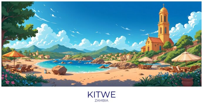 Kitwe Zambia Travel Poster Flat Illustration Print Decor Gift Canvas Wall Art