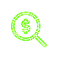 Icon search dollar from the flow of energy of green color. Shimmering neon