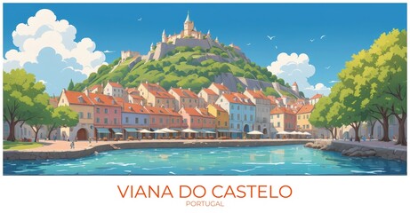 Obraz premium Viana do castelo Portugal Travel Poster Flat Illustration Print Decor Gift Canvas Wall Art