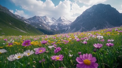 Obraz premium Vibrant wildflower meadow with snowy mountain backdrop under blue sky
