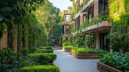Fototapeta premium Lush Green Pathway Surrounded by Modern Architecture and Nature