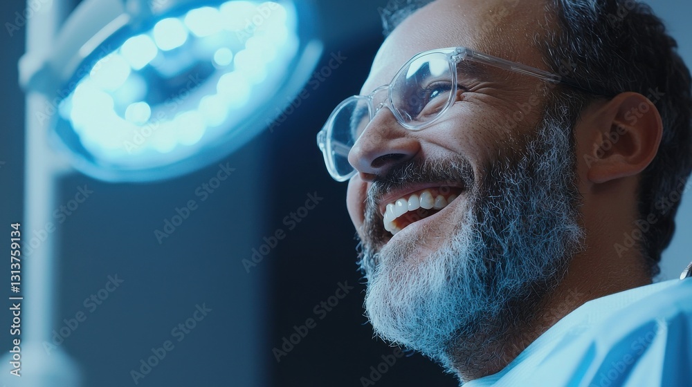 Poster A man with glasses is smiling in front of a light