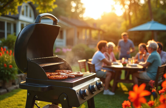 Backyard barbecue party with family enjoying Labor Day. Summer picnic with grill. People at table in garden. Leisure, relaxation, festive mood. American tradition celebration event.