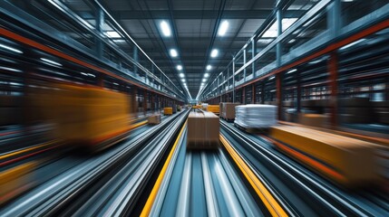 Fototapeta premium Dynamic motion in modern warehouse automation with conveyor belts and packages
