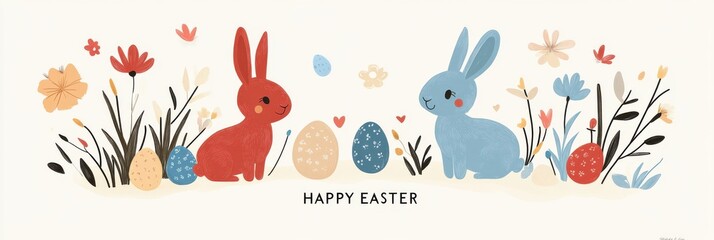 Naklejka premium Whimsical Easter Illustration with Bunnies, Eggs, and Floral Elements