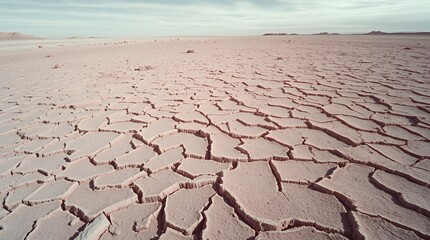 A wide, arid landscape with cracked, pinkish earth stretching to the horizon, suggesting extreme dryness and drought, possibly relevant to conditions near Lahore