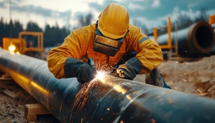 A man in a yellow jacket is working on a pipe