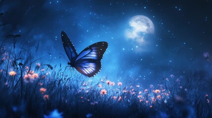 Mystical blue butterfly in moonlit meadow with glowing flowers and starry night sky