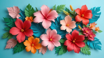 Vibrant Tropical Paper Flowers and Leaves Arrangement on a Soft Blue Background