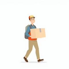Delivery person smiling, holding a cardboard box and wearing a cap and backpack, against a white background