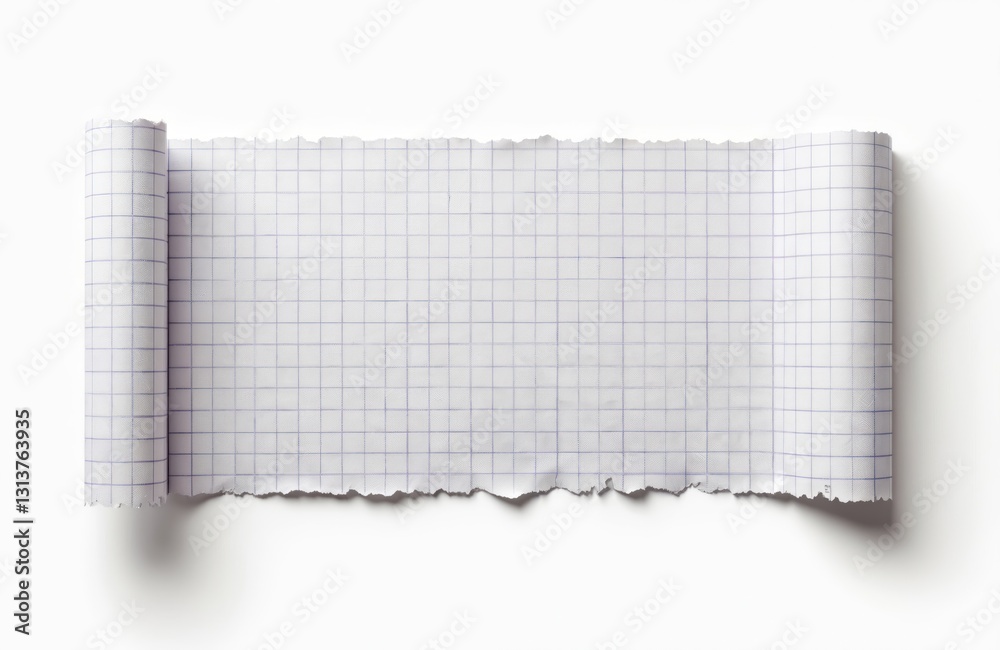 Aufkleber Ripped checkered notebook paper scrap isolated on white background. Torn checkered page fragment with jagged edge. Crumpled sheet roll template. Design element. Blank paper piece. Rough math book