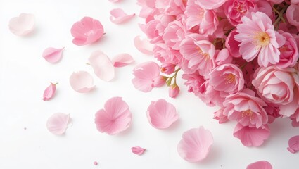 Delicate Pink Cherry Blossom Flowers With Scattered Petals On A White Surface