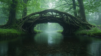 Misty forest root bridge over stream, magical scene, fantasy