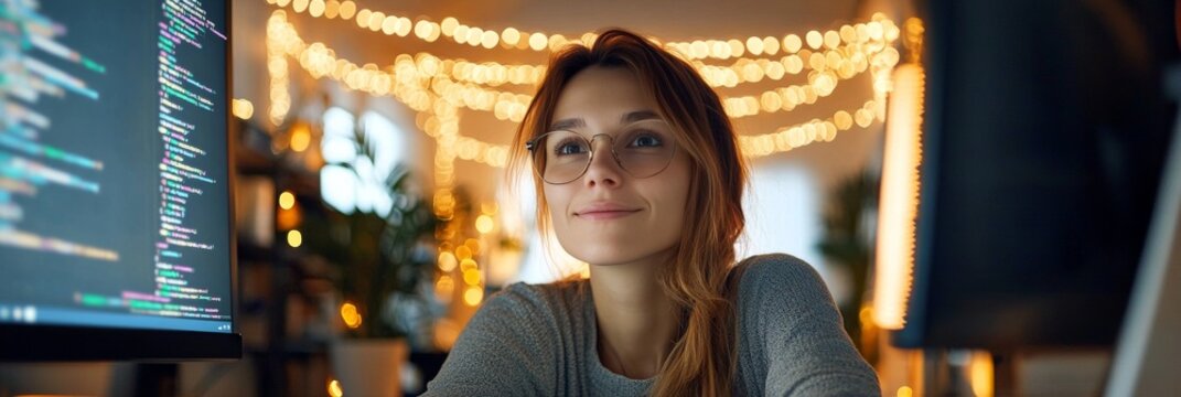 Confident Woman Programming on Two Monitors at Night, SaaS Platform Development for Startup