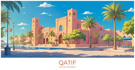 Obraz premium Qatif Saudi arabia Travel Poster Flat Illustration Print Decor Gift Canvas Wall Art
