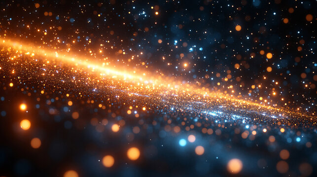 A stream of glowing binary code flows across an orange-lit dark blue background, representing abstract digital technology, big data processing, and futuristic network communications.