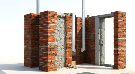 Architectural Deconstruction: A detailed view showcases a section of a brick wall in various stages of construction and deconstruction, revealing the internal structure.
