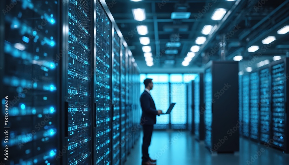 Leinwandbilder Man in suit with laptop standing in data center server room. Digitalization lines stream through servers. SAAS cloud computing online service. Futuristic concept of information tech infrastructure,